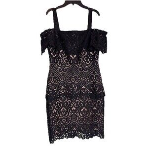 Nicole Miller Mesh Lace Mini Dress Black Beige Women's SIZE 4 Overlay Sexy Celeb